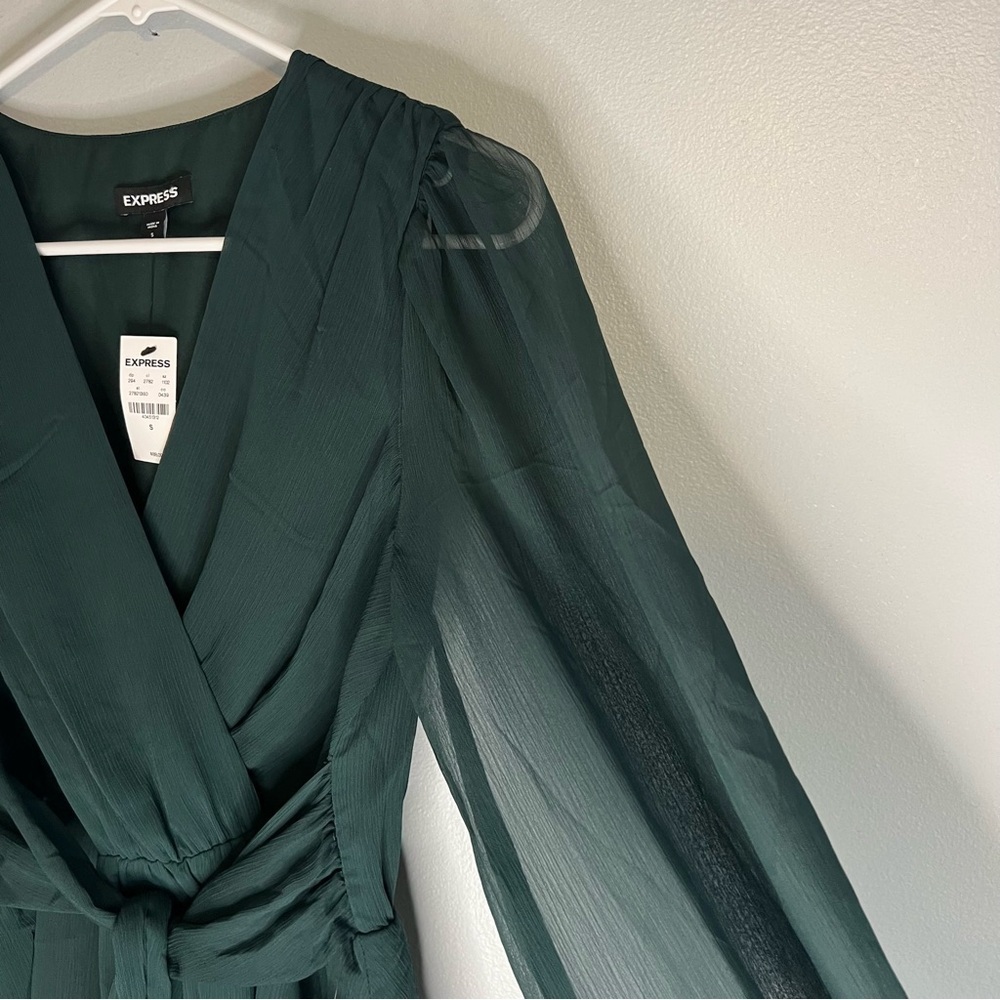 NWT Express Blouson Long Sleeve Tie Wrap Mini Dress Sz S Green Meshed Party - Picture 8 of 13